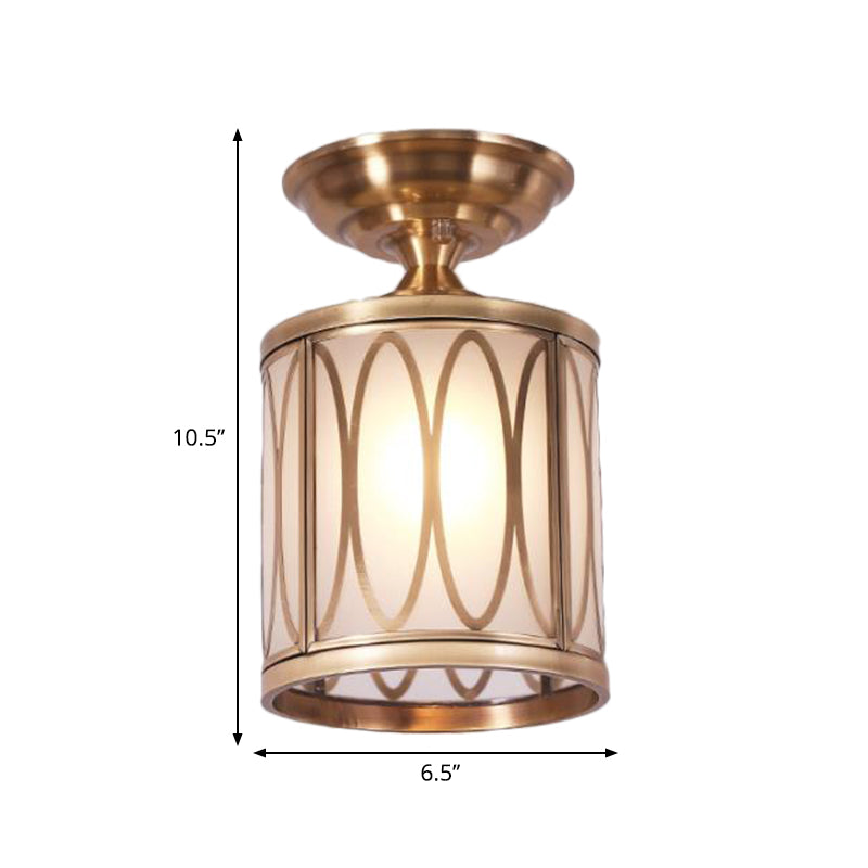 Frosted Glass Brass Ceiling Flush Circle/Oval 1 Head Colonialist Flush Mount Lamp for Living Room Clearhalo 'Ceiling Lights' 'Close To Ceiling Lights' 'Close to ceiling' 'Flush mount' Lighting' 270645