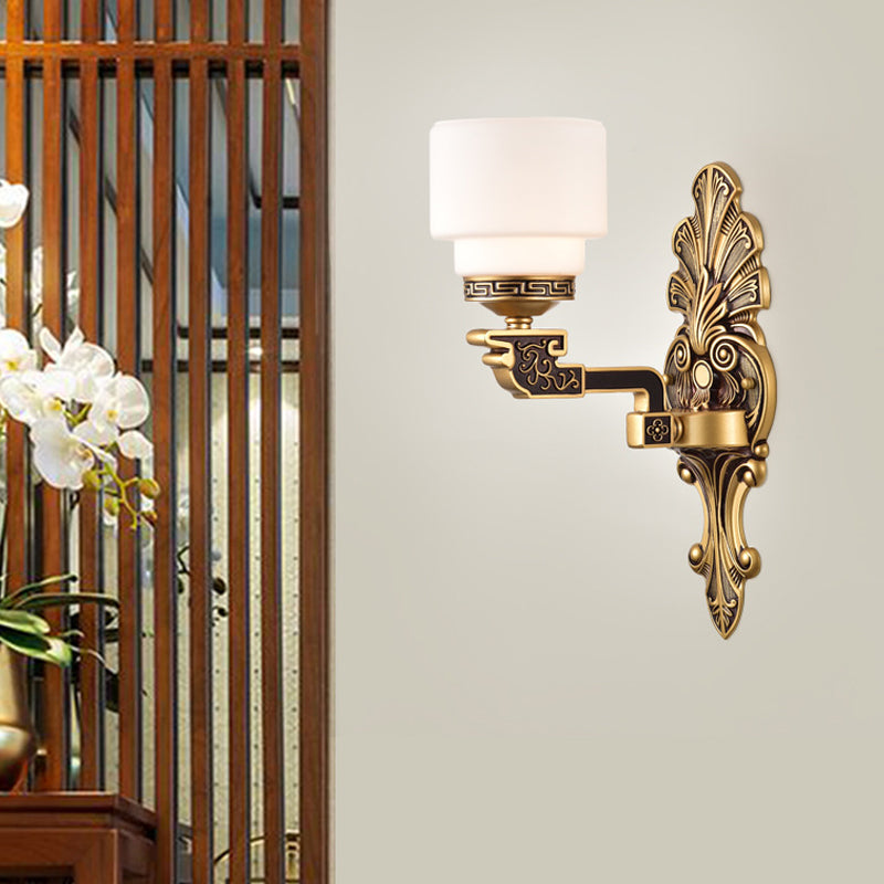 Brass 1/2-Light Wall Mounted Lighting Vintage Stylish Frosted White Glass Drum Shade Wall Sconce 1.0 Brass Clearhalo 'Wall Lamps & Sconces' 'Wall Lights' Lighting' 270646