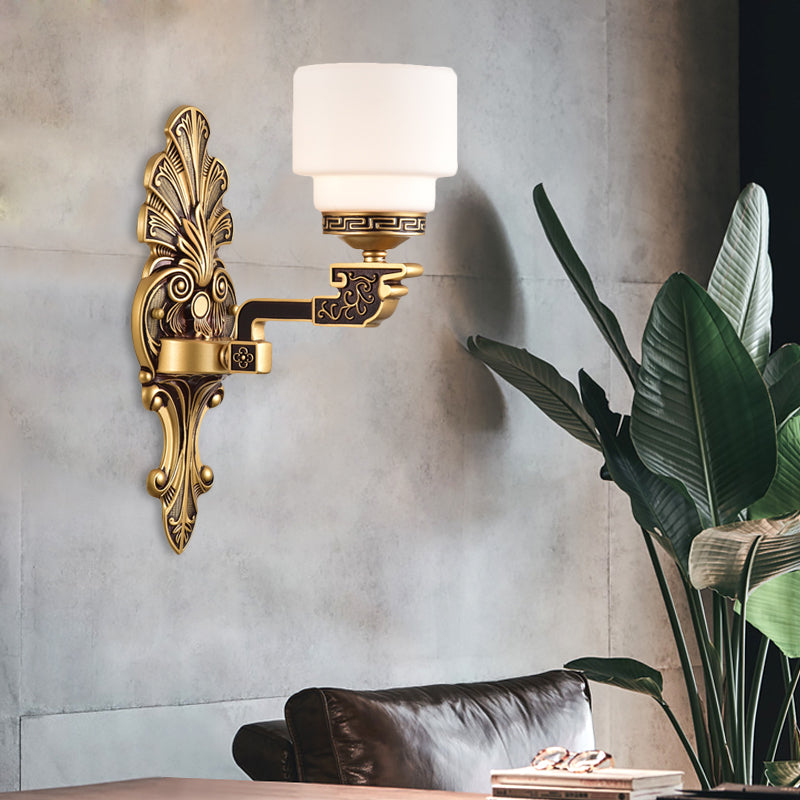 Brass 1/2-Light Wall Mounted Lighting Vintage Stylish Frosted White Glass Drum Shade Wall Sconce Clearhalo 'Wall Lamps & Sconces' 'Wall Lights' Lighting' 270647