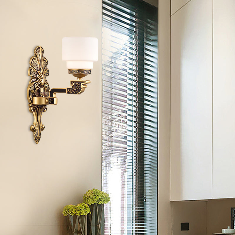 Brass 1/2-Light Wall Mounted Lighting Vintage Stylish Frosted White Glass Drum Shade Wall Sconce Clearhalo 'Wall Lamps & Sconces' 'Wall Lights' Lighting' 270648