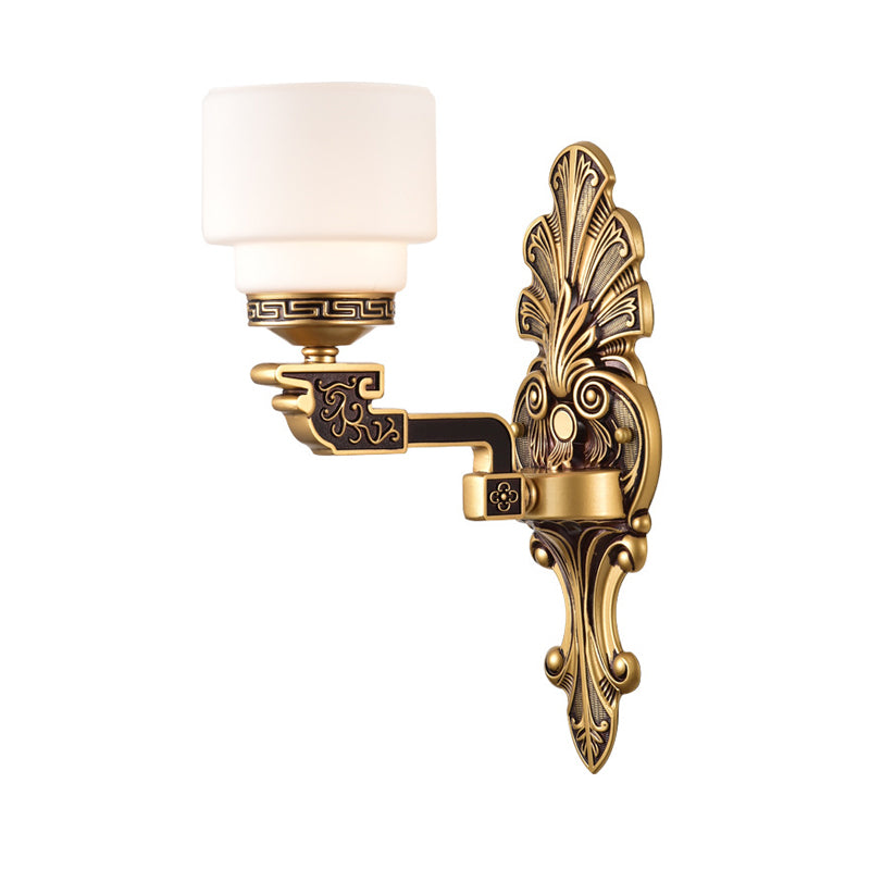 Brass 1/2-Light Wall Mounted Lighting Vintage Stylish Frosted White Glass Drum Shade Wall Sconce Clearhalo 'Wall Lamps & Sconces' 'Wall Lights' Lighting' 270649