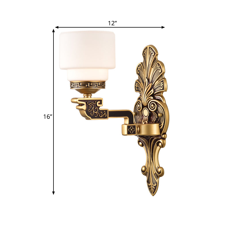 Brass 1/2-Light Wall Mounted Lighting Vintage Stylish Frosted White Glass Drum Shade Wall Sconce Clearhalo 'Wall Lamps & Sconces' 'Wall Lights' Lighting' 270650