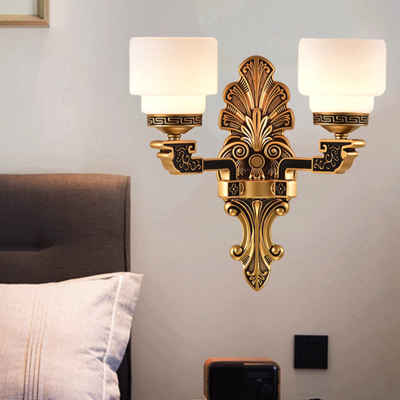 Brass 1/2-Light Wall Mounted Lighting Vintage Stylish Frosted White Glass Drum Shade Wall Sconce 2.0 Brass Clearhalo 'Wall Lamps & Sconces' 'Wall Lights' Lighting' 270652