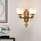 Brass 1/2-Light Wall Mounted Lighting Vintage Stylish Frosted White Glass Drum Shade Wall Sconce Clearhalo 'Wall Lamps & Sconces' 'Wall Lights' Lighting' 270653