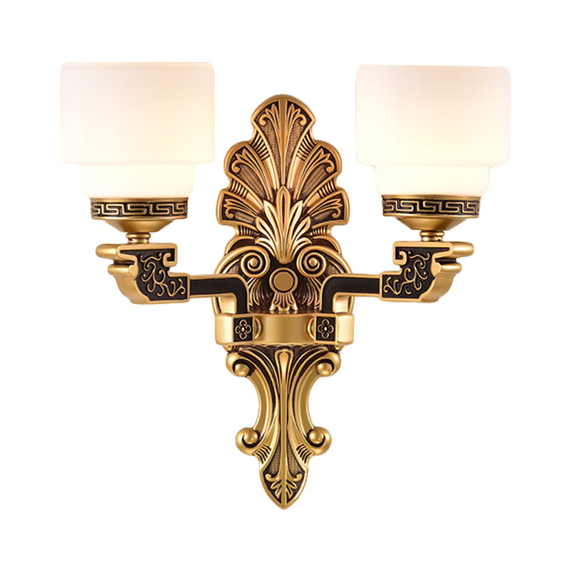 Brass 1/2-Light Wall Mounted Lighting Vintage Stylish Frosted White Glass Drum Shade Wall Sconce Clearhalo 'Wall Lamps & Sconces' 'Wall Lights' Lighting' 270655