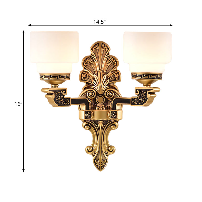 Brass 1/2-Light Wall Mounted Lighting Vintage Stylish Frosted White Glass Drum Shade Wall Sconce Clearhalo 'Wall Lamps & Sconces' 'Wall Lights' Lighting' 270656