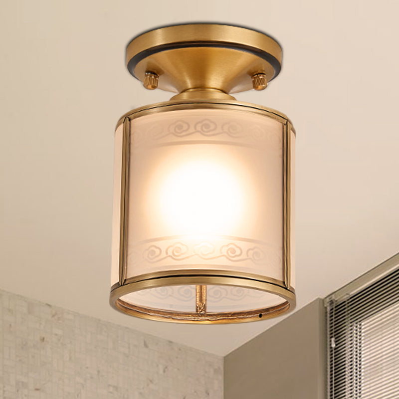 Colonial Cylinder Ceiling Light Fixture 1 Bulb White Glass Flush Mount Lighting in Brass Clearhalo 'Ceiling Lights' 'Close To Ceiling Lights' 'Close to ceiling' 'Glass shade' 'Glass' 'Semi-flushmount' Lighting' 270674