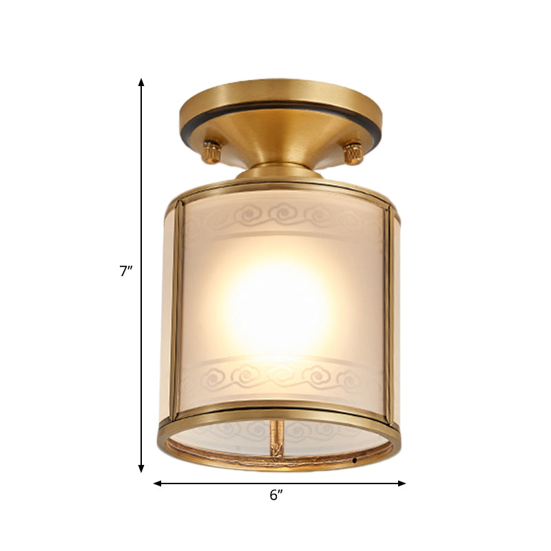 Colonial Cylinder Ceiling Light Fixture 1 Bulb White Glass Flush Mount Lighting in Brass Clearhalo 'Ceiling Lights' 'Close To Ceiling Lights' 'Close to ceiling' 'Glass shade' 'Glass' 'Semi-flushmount' Lighting' 270677