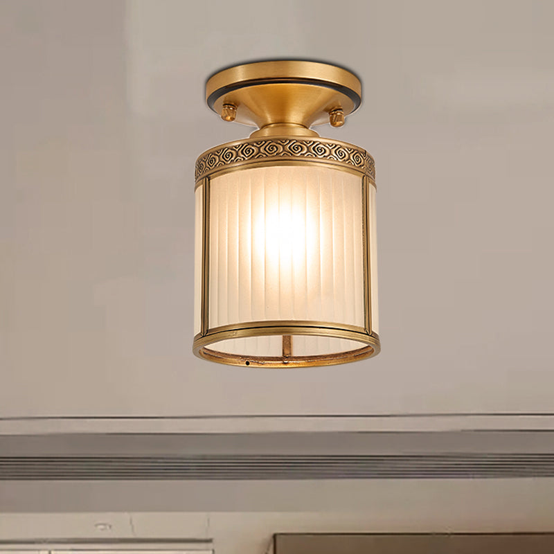 Colonial Cylinder Ceiling Light Fixture 1 Bulb White Glass Flush Mount Lighting in Brass Clearhalo 'Ceiling Lights' 'Close To Ceiling Lights' 'Close to ceiling' 'Glass shade' 'Glass' 'Semi-flushmount' Lighting' 270679