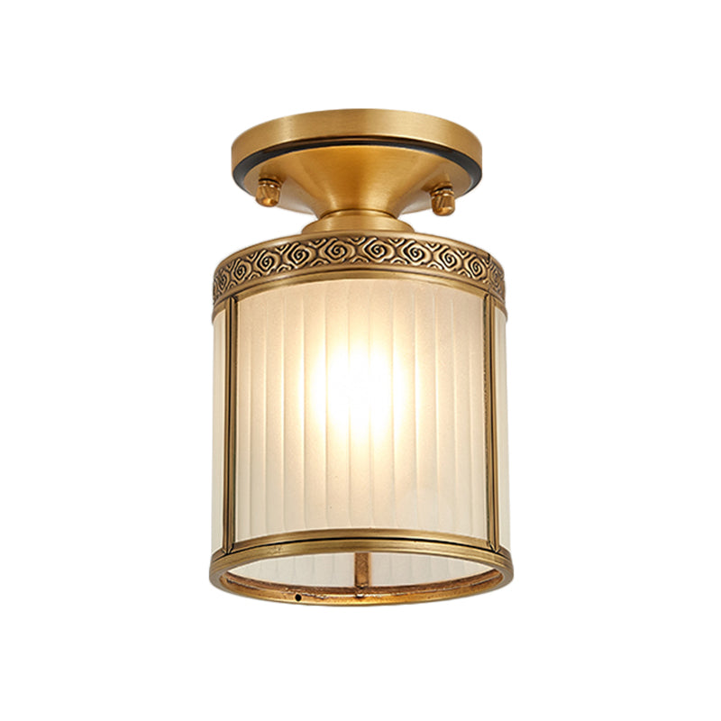 Colonial Cylinder Ceiling Light Fixture 1 Bulb White Glass Flush Mount Lighting in Brass Clearhalo 'Ceiling Lights' 'Close To Ceiling Lights' 'Close to ceiling' 'Glass shade' 'Glass' 'Semi-flushmount' Lighting' 270681