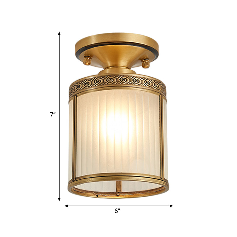 Colonial Cylinder Ceiling Light Fixture 1 Bulb White Glass Flush Mount Lighting in Brass Clearhalo 'Ceiling Lights' 'Close To Ceiling Lights' 'Close to ceiling' 'Glass shade' 'Glass' 'Semi-flushmount' Lighting' 270682