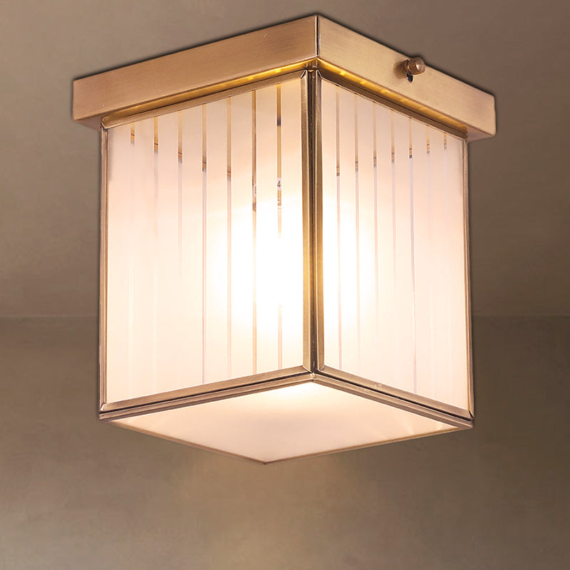 1-Light Opal Glass Flush Light Colonialist Brass Square Bedroom Close to Ceiling Lighting Clearhalo 'Ceiling Lights' 'Close To Ceiling Lights' 'Close to ceiling' 'Flush mount' Lighting' 270684