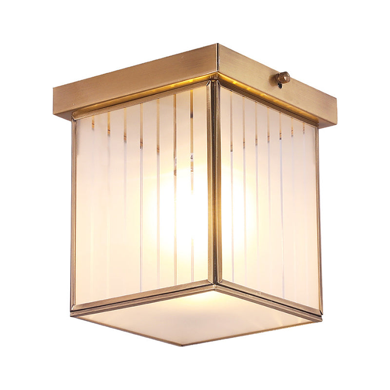 1-Light Opal Glass Flush Light Colonialist Brass Square Bedroom Close to Ceiling Lighting Clearhalo 'Ceiling Lights' 'Close To Ceiling Lights' 'Close to ceiling' 'Flush mount' Lighting' 270686