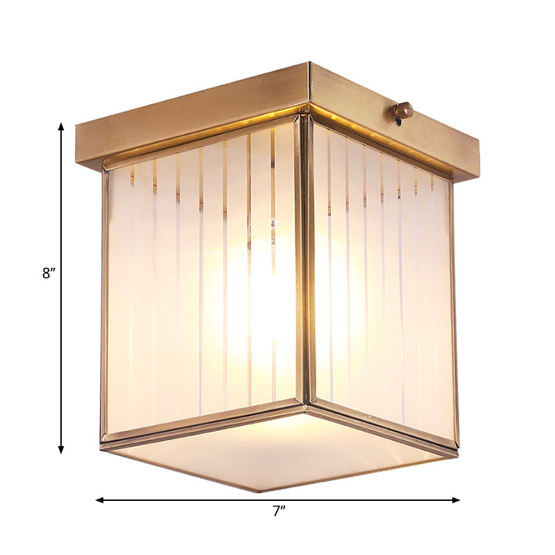 1-Light Opal Glass Flush Light Colonialist Brass Square Bedroom Close to Ceiling Lighting Clearhalo 'Ceiling Lights' 'Close To Ceiling Lights' 'Close to ceiling' 'Flush mount' Lighting' 270687