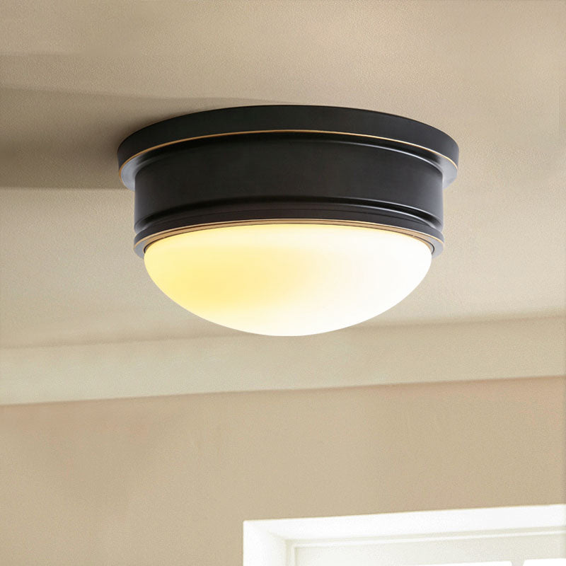 Milk Glass Hemisphere Flush Mount Lamp Rustic 3 Heads Ceiling Mounted Light with Black Metal Canopy Black Clearhalo 'Ceiling Lights' 'Close To Ceiling Lights' 'Close to ceiling' 'Flush mount' Lighting' 270710