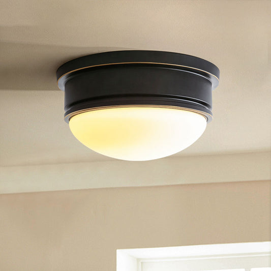 Milk Glass Hemisphere Flush Mount Lamp Rustic 3 Heads Ceiling Mounted Light with Black Metal Canopy Black Clearhalo 'Ceiling Lights' 'Close To Ceiling Lights' 'Close to ceiling' 'Flush mount' Lighting' 270710