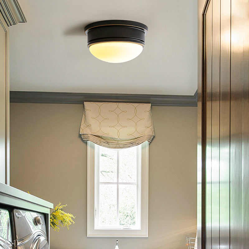 Milk Glass Hemisphere Flush Mount Lamp Rustic 3 Heads Ceiling Mounted Light with Black Metal Canopy Clearhalo 'Ceiling Lights' 'Close To Ceiling Lights' 'Close to ceiling' 'Flush mount' Lighting' 270712