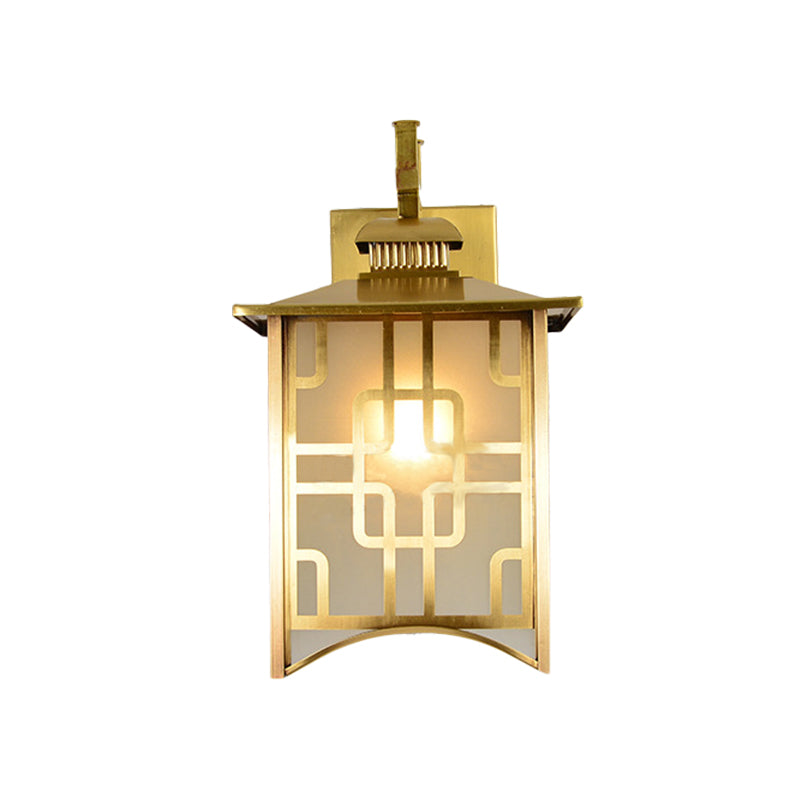 Lantern Sconce Light Colony Frosted White Glass 1 Head Gold Wall Lamp Fixture for Living Room Clearhalo 'Wall Lamps & Sconces' 'Wall Lights' Lighting' 270718