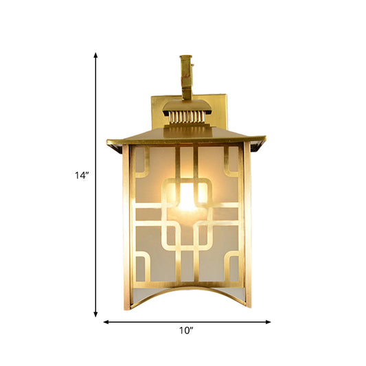 Lantern Sconce Light Colony Frosted White Glass 1 Head Gold Wall Lamp Fixture for Living Room Clearhalo 'Wall Lamps & Sconces' 'Wall Lights' Lighting' 270719