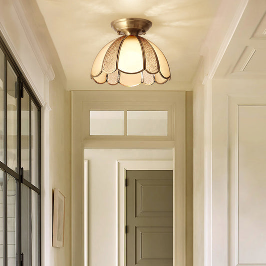 10"/11" W Scallop Bedroom Flush Mount Light Colonial Blown Opal Glass 1 Bulb Brass Close to Ceiling Lamp Clearhalo 'Ceiling Lights' 'Close To Ceiling Lights' 'Close to ceiling' 'Flush mount' Lighting' 270722