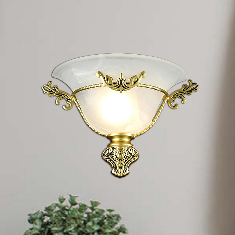 Bell Sconce Light Colonial 1 Head White Glass Wall Lighting Fixture with Silver/Brass Carved Metal Decor for Hallway Brass Clearhalo 'Wall Lamps & Sconces' 'Wall Lights' Lighting' 270727