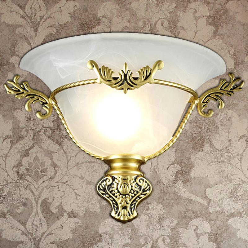 Bell Sconce Light Colonial 1 Head White Glass Wall Lighting Fixture with Silver/Brass Carved Metal Decor for Hallway Clearhalo 'Wall Lamps & Sconces' 'Wall Lights' Lighting' 270728