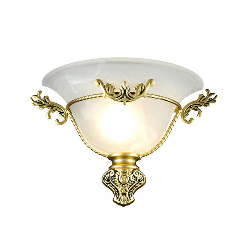 Bell Sconce Light Colonial 1 Head White Glass Wall Lighting Fixture with Silver/Brass Carved Metal Decor for Hallway Clearhalo 'Wall Lamps & Sconces' 'Wall Lights' Lighting' 270730