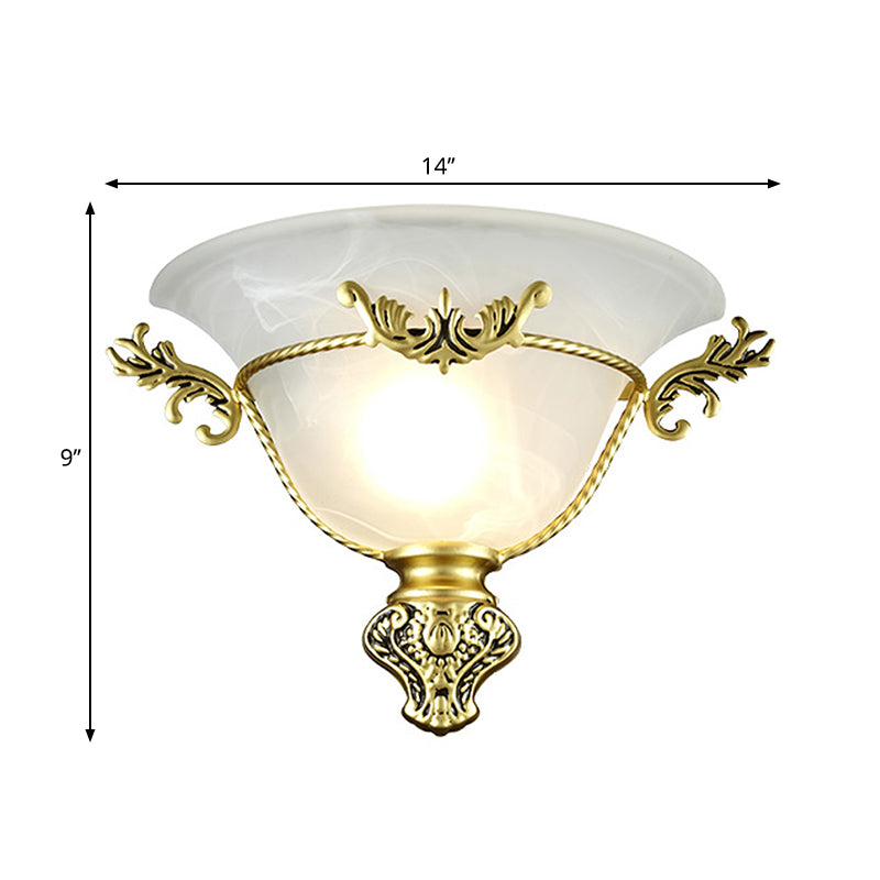 Bell Sconce Light Colonial 1 Head White Glass Wall Lighting Fixture with Silver/Brass Carved Metal Decor for Hallway Clearhalo 'Wall Lamps & Sconces' 'Wall Lights' Lighting' 270731