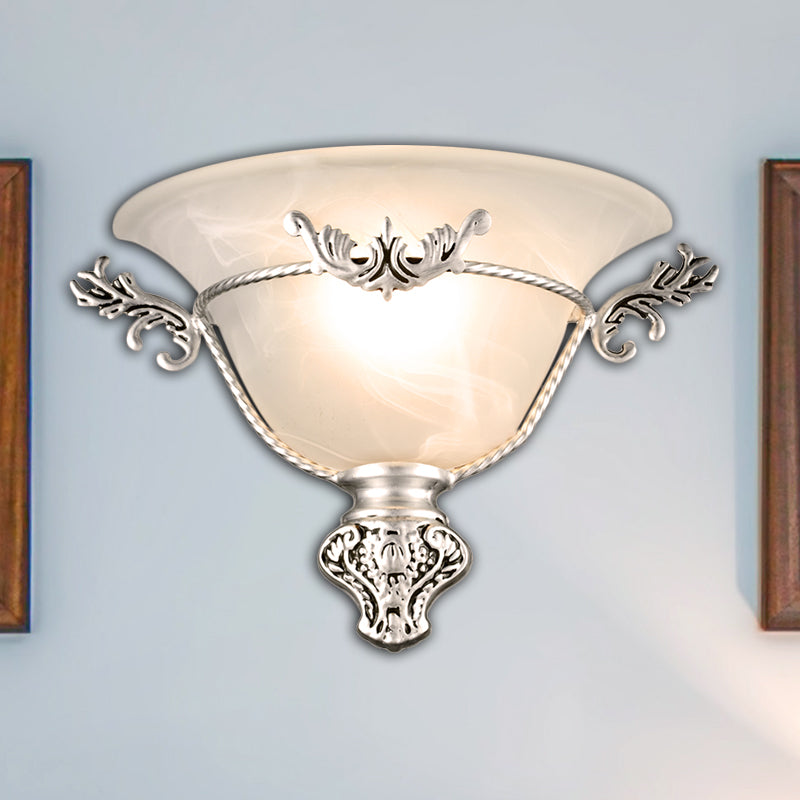 Bell Sconce Light Colonial 1 Head White Glass Wall Lighting Fixture with Silver/Brass Carved Metal Decor for Hallway Silver Clearhalo 'Wall Lamps & Sconces' 'Wall Lights' Lighting' 270732