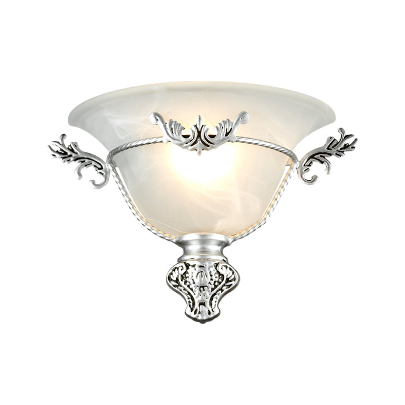 Bell Sconce Light Colonial 1 Head White Glass Wall Lighting Fixture with Silver/Brass Carved Metal Decor for Hallway Clearhalo 'Wall Lamps & Sconces' 'Wall Lights' Lighting' 270735