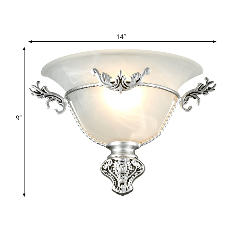 Bell Sconce Light Colonial 1 Head White Glass Wall Lighting Fixture with Silver/Brass Carved Metal Decor for Hallway Clearhalo 'Wall Lamps & Sconces' 'Wall Lights' Lighting' 270736