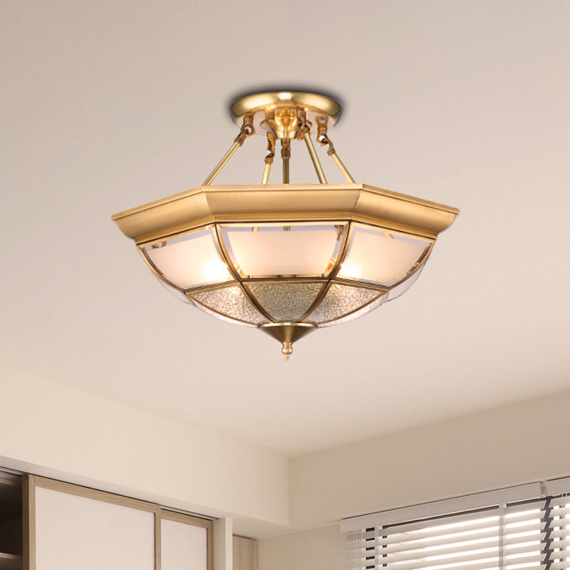 Brass 4 Lights Semi-Flush Ceiling Light Colonialism Curved Frosted Glass Dome Ceiling Mount Chandelier for Living Room, 14"/16" W Brass Clearhalo 'Ceiling Lights' 'Close To Ceiling Lights' 'Close to ceiling' 'Glass shade' 'Glass' 'Semi-flushmount' Lighting' 270737