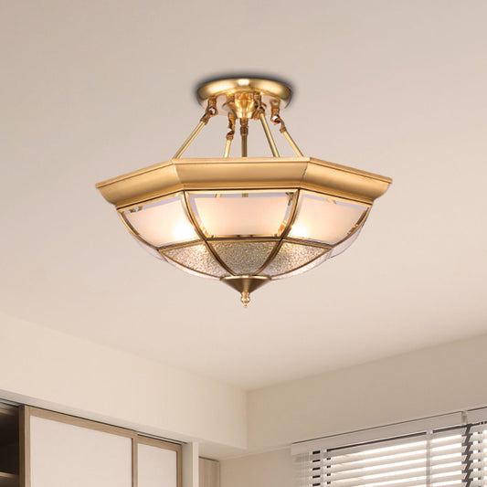 Brass 4 Lights Semi-Flush Ceiling Light Colonialism Curved Frosted Glass Dome Ceiling Mount Chandelier for Living Room, 14"/16" W Brass Clearhalo 'Ceiling Lights' 'Close To Ceiling Lights' 'Close to ceiling' 'Glass shade' 'Glass' 'Semi-flushmount' Lighting' 270737