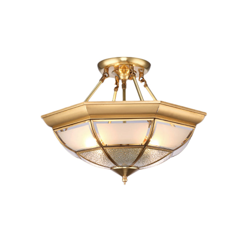 Brass 4 Lights Semi-Flush Ceiling Light Colonialism Curved Frosted Glass Dome Ceiling Mount Chandelier for Living Room, 14"/16" W Clearhalo 'Ceiling Lights' 'Close To Ceiling Lights' 'Close to ceiling' 'Glass shade' 'Glass' 'Semi-flushmount' Lighting' 270740