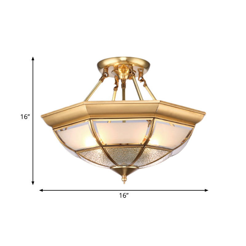 Brass 4 Lights Semi-Flush Ceiling Light Colonialism Curved Frosted Glass Dome Ceiling Mount Chandelier for Living Room, 14"/16" W Clearhalo 'Ceiling Lights' 'Close To Ceiling Lights' 'Close to ceiling' 'Glass shade' 'Glass' 'Semi-flushmount' Lighting' 270742