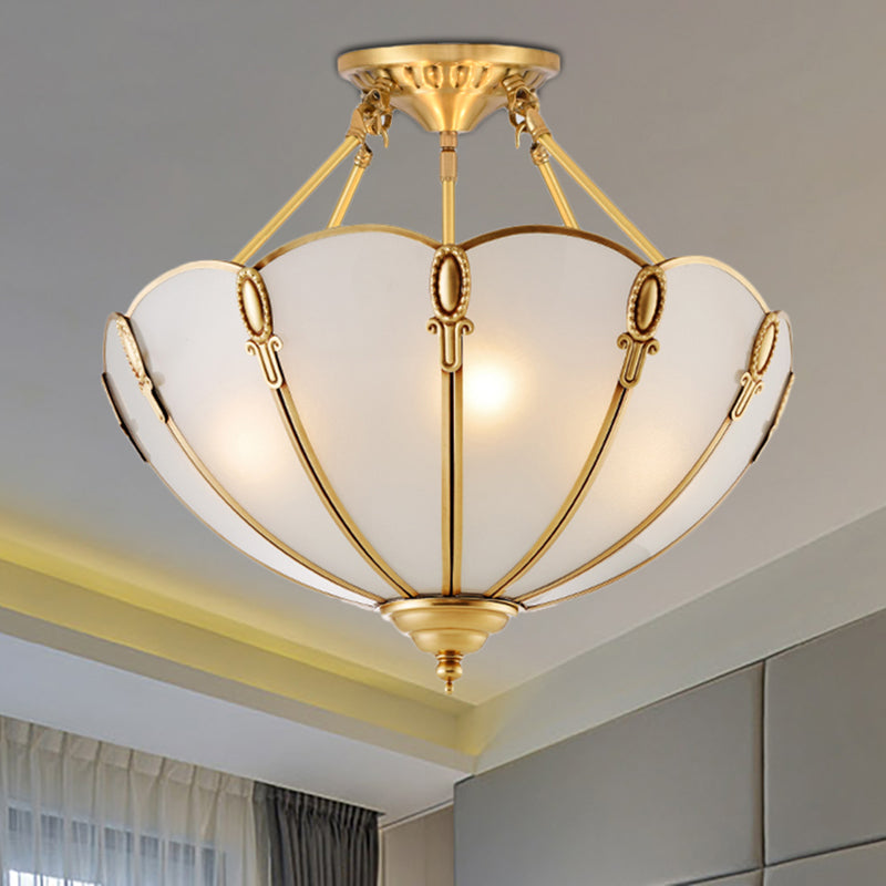 3/4 Bulbs Scalloped Ceiling Flush Mount Colonial Brass Satin Opal Glass Semi Mount Lighting for Living Room, 13"/17" W Clearhalo 'Ceiling Lights' 'Close To Ceiling Lights' 'Close to ceiling' 'Glass shade' 'Glass' 'Semi-flushmount' Lighting' 270744