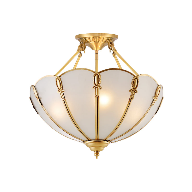 3/4 Bulbs Scalloped Ceiling Flush Mount Colonial Brass Satin Opal Glass Semi Mount Lighting for Living Room, 13"/17" W Clearhalo 'Ceiling Lights' 'Close To Ceiling Lights' 'Close to ceiling' 'Glass shade' 'Glass' 'Semi-flushmount' Lighting' 270746