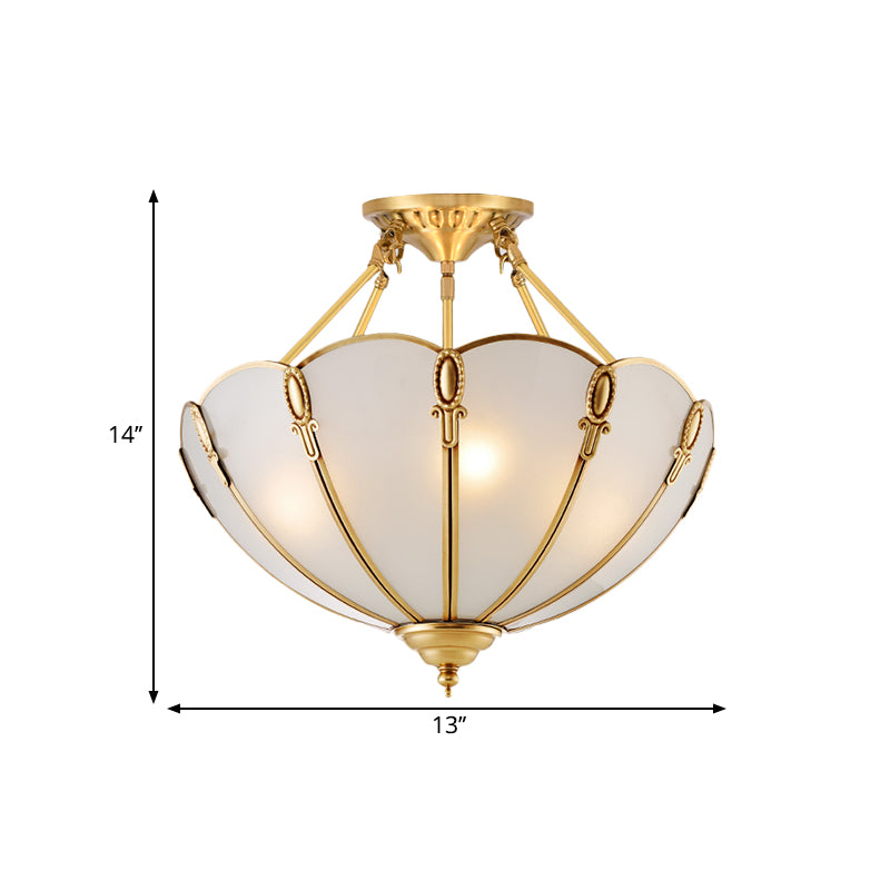 3/4 Bulbs Scalloped Ceiling Flush Mount Colonial Brass Satin Opal Glass Semi Mount Lighting for Living Room, 13"/17" W Clearhalo 'Ceiling Lights' 'Close To Ceiling Lights' 'Close to ceiling' 'Glass shade' 'Glass' 'Semi-flushmount' Lighting' 270747