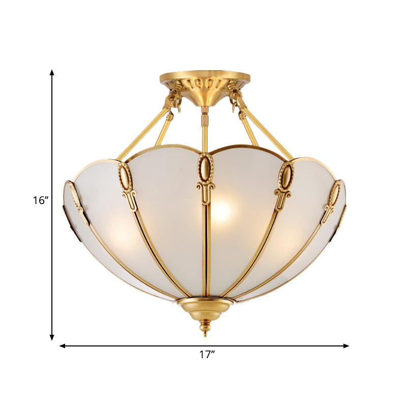 3/4 Bulbs Scalloped Ceiling Flush Mount Colonial Brass Satin Opal Glass Semi Mount Lighting for Living Room, 13"/17" W Clearhalo 'Ceiling Lights' 'Close To Ceiling Lights' 'Close to ceiling' 'Glass shade' 'Glass' 'Semi-flushmount' Lighting' 270748