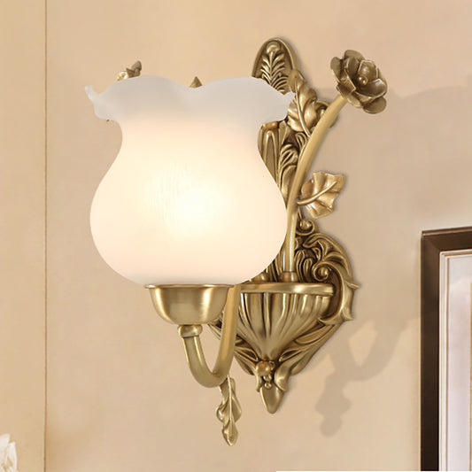 1/2 Bulbs Living Room Sconce Lamp Colonialist Brass Wall Lighting Fixture with Flower Opal Glass Shade Clearhalo 'Wall Lamps & Sconces' 'Wall Lights' Lighting' 270761