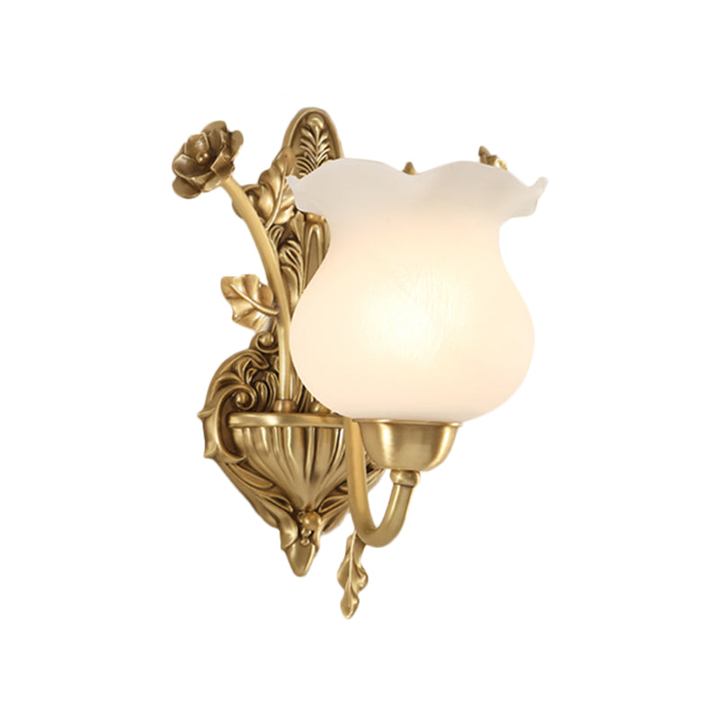 1/2 Bulbs Living Room Sconce Lamp Colonialist Brass Wall Lighting Fixture with Flower Opal Glass Shade Clearhalo 'Wall Lamps & Sconces' 'Wall Lights' Lighting' 270763