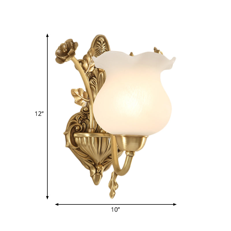 1/2 Bulbs Living Room Sconce Lamp Colonialist Brass Wall Lighting Fixture with Flower Opal Glass Shade Clearhalo 'Wall Lamps & Sconces' 'Wall Lights' Lighting' 270764