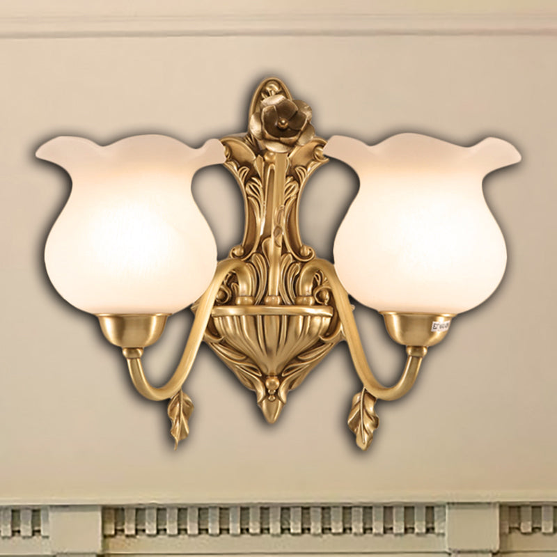 1/2 Bulbs Living Room Sconce Lamp Colonialist Brass Wall Lighting Fixture with Flower Opal Glass Shade 2.0 Brass Clearhalo 'Wall Lamps & Sconces' 'Wall Lights' Lighting' 270765