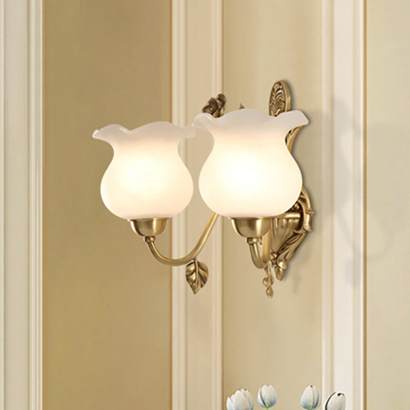 1/2 Bulbs Living Room Sconce Lamp Colonialist Brass Wall Lighting Fixture with Flower Opal Glass Shade Clearhalo 'Wall Lamps & Sconces' 'Wall Lights' Lighting' 270766