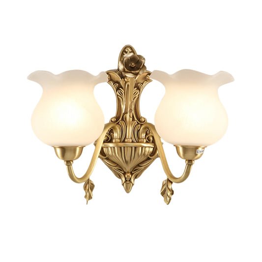 1/2 Bulbs Living Room Sconce Lamp Colonialist Brass Wall Lighting Fixture with Flower Opal Glass Shade Clearhalo 'Wall Lamps & Sconces' 'Wall Lights' Lighting' 270768