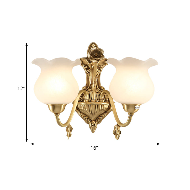 1/2 Bulbs Living Room Sconce Lamp Colonialist Brass Wall Lighting Fixture with Flower Opal Glass Shade Clearhalo 'Wall Lamps & Sconces' 'Wall Lights' Lighting' 270769