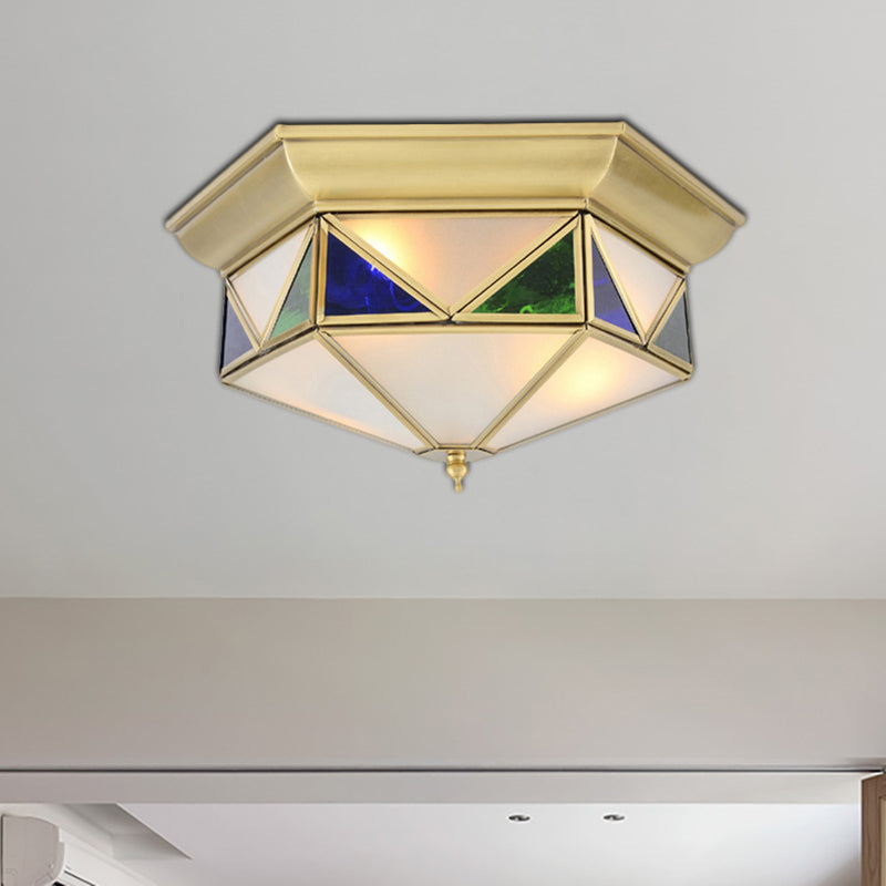 Colonialism Prism Ceiling Mount Light Fixture 3 Bulbs White/Seeded Glass Flush Mount Chandelier in Gold/Blue Blue Clearhalo 'Ceiling Lights' 'Close To Ceiling Lights' 'Close to ceiling' 'Flush mount' Lighting' 270785