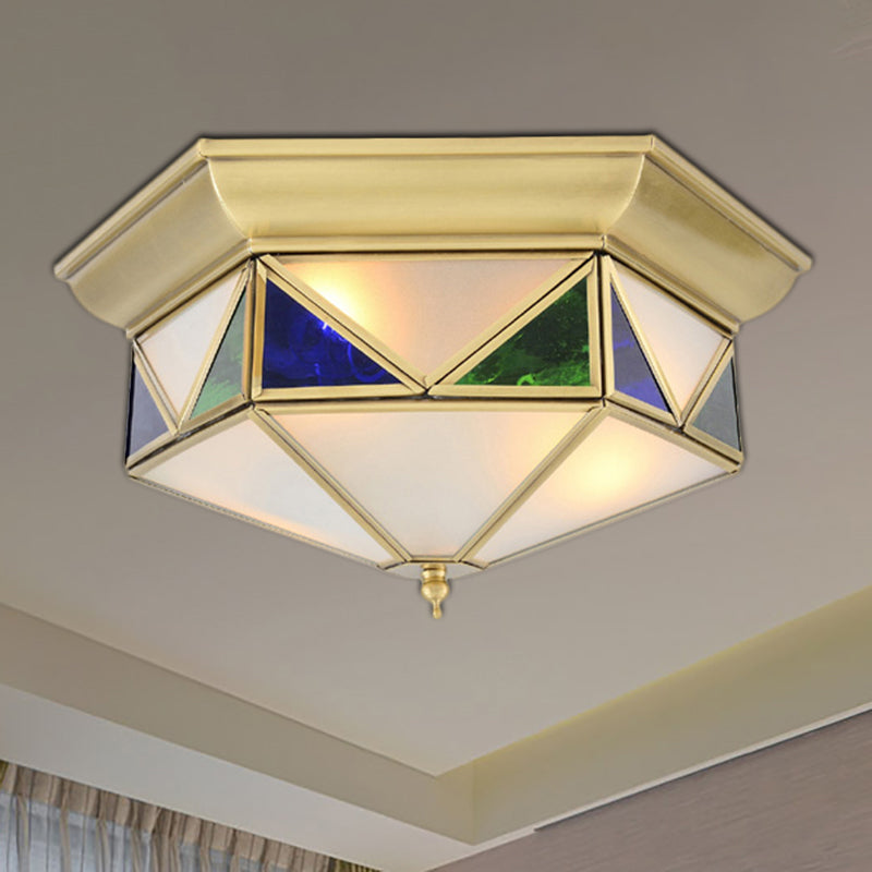 Colonialism Prism Ceiling Mount Light Fixture 3 Bulbs White/Seeded Glass Flush Mount Chandelier in Gold/Blue Clearhalo 'Ceiling Lights' 'Close To Ceiling Lights' 'Close to ceiling' 'Flush mount' Lighting' 270786