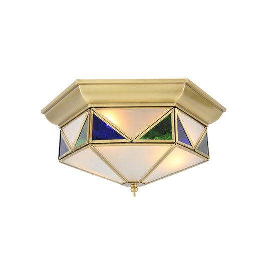 Colonialism Prism Ceiling Mount Light Fixture 3 Bulbs White/Seeded Glass Flush Mount Chandelier in Gold/Blue Clearhalo 'Ceiling Lights' 'Close To Ceiling Lights' 'Close to ceiling' 'Flush mount' Lighting' 270788