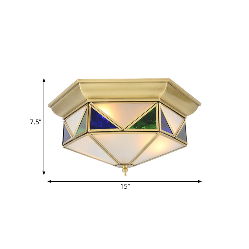 Colonialism Prism Ceiling Mount Light Fixture 3 Bulbs White/Seeded Glass Flush Mount Chandelier in Gold/Blue Clearhalo 'Ceiling Lights' 'Close To Ceiling Lights' 'Close to ceiling' 'Flush mount' Lighting' 270789